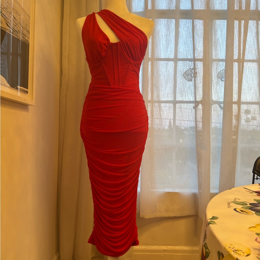 Very Sexy Red Double One-Shoulder Ruched Draped Midi Dress With Corseting